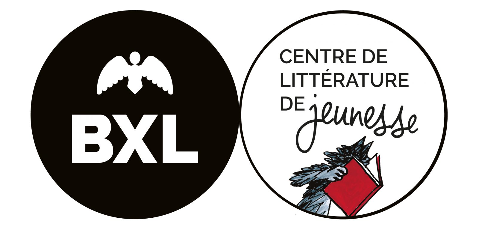 deux ronds avec le logo du Centre de littérature de jeunesse (l'un noir, l'autre blanc) 