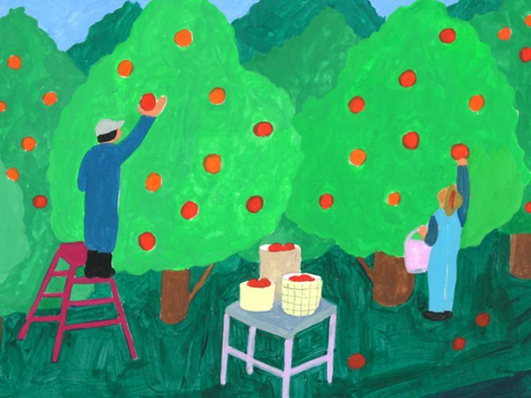 peinture d'hommes dans un verger en train de cueillir des fruits