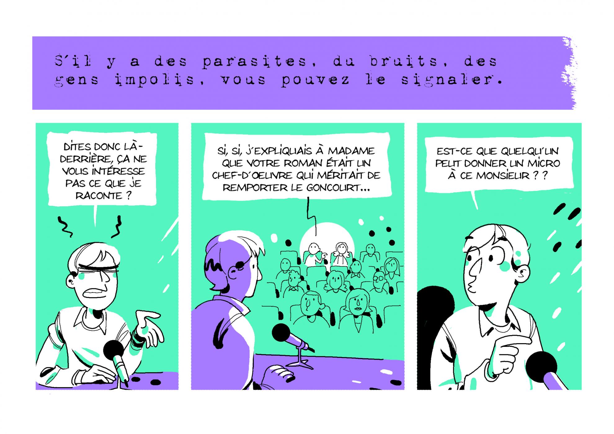 3 cases de BD en mauve et turquoise