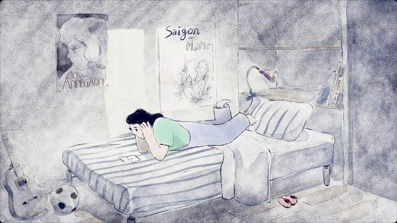 dessin d'une jeune fille couchée sur son lit