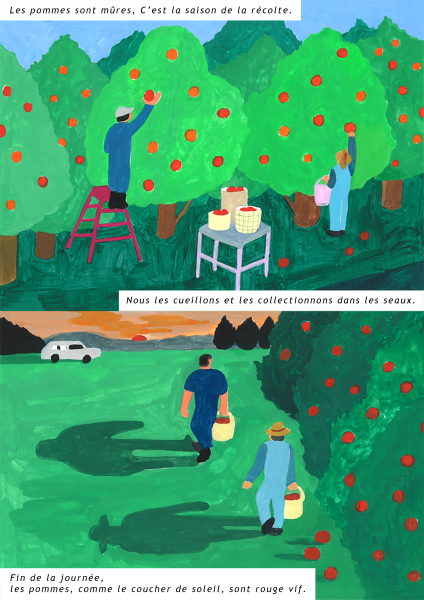peinture d'hommes qui cueillent des fruits