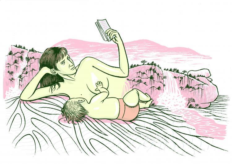 dessin d'une femme nue couchée lisant un livre avec un bébé au sein